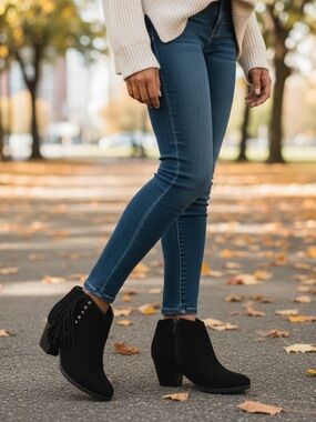 Vionic Faros Black Suede Fringed Bootie Boots Shoes size 6